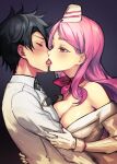  1boy 1girl arm_grab bare_shoulders black_hair blush bow breast_press breasts chaldea_logo chaldea_uniform closed_eyes commission dynamitenatalia fate/grand_order fate_(series) french_kiss fujimaru_ritsuka_(male) gloves hat hetero kiss koyanskaya_(fate) koyanskaya_(foreigner)_(first_ascension)_(fate) large_breasts lipstick makeup pink_hair pink_lips pixiv_commission simple_background tamamo_(fate) tongue white_gloves yellow_eyes 