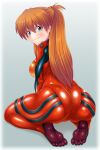  1girl ass blue_eyes bodysuit breasts highres long_hair looking_at_viewer looking_back medium_breasts neon_genesis_evangelion orange_hair plugsuit red_bodysuit skin_tight soles solo souryuu_asuka_langley yamagakitaze 