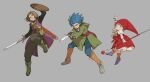  1girl 2boys arm_up bag belt black_shirt blue_bracelet blue_eyes blue_hair blue_pants braid brown_footwear brown_hair camus_(dq11) closed_mouth coat dagger dragon_quest dragon_quest_xi green_coat green_footwear grey_eyes hero_(dq11) highres holding holding_dagger holding_knife holding_shield holding_staff holding_sword holding_weapon hood hooded_coat knife long_sleeves multiple_boys orange_socks orushibu pants purple_coat purple_footwear red_headwear satchel shield shirt smile socks spiked_hair staff sword twin_braids veronica_(dq11) weapon wooden_shield 