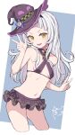  1girl absurdres bikini bikini_skirt black_hairband blue_background blush breasts choker commentary contrapposto cowboy_shot criss-cross_halter cropped_legs double_v eternaltanbo hairband halterneck hat highres hololive long_hair looking_at_viewer murasaki_shion murasaki_shion_(hololive_summer_2019) navel official_alternate_costume open_mouth orange_eyes purple_bikini purple_choker purple_headwear ribs shiokko_(murasaki_shion) sidelocks simple_background small_breasts smile solo standing stomach swimsuit tilted_headwear v virtual_youtuber white_hair witch_hat 