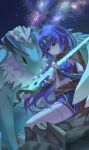  1girl blue_eyes boots breasts ditto dragon duel_monster highres holding holding_sword holding_weapon imduk_the_world_chalice_dragon knee_boots lib_the_world_key_blademaster long_hair midriff night night_sky purple_hair seiyagasa skirt sky smile sword tearing_up vambraces weapon yu-gi-oh! 
