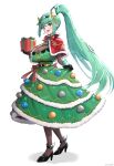  1girl absurdres box breasts christmas christmas_ornaments christmas_tree_costume core_crystal_(xenoblade) dress gift gift_box gonzarez green_eyes green_hair hair_ornament high_heels high_ponytail highres holding holding_gift large_breasts pneuma_(xenoblade) ponytail smile solo xenoblade_chronicles_(series) xenoblade_chronicles_2 