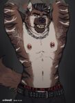 2022 absurd_res acidwuff anthro armpit_hair artist_name black_hair body_hair bottomwear brown_body brown_fur chain_necklace clothing dated ear_piercing ear_ring fangs front_view fur grey_bottomwear grey_clothing grey_hair grey_pants hair hi_res hyena jewelry male mammal multicolored_hair necklace nipples open_mouth pants piercing pink_nipples pose ring_piercing simple_background solo striped_arms teeth two_tone_hair undressing white_body white_fur