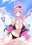  1girl animal bikini bird black_bikini blue_archive blush breasts cleavage closed_mouth cloud commentary day eimi_(blue_archive) eimi_(swimsuit)_(blue_archive) goggles goggles_on_head halo jacket large_breasts long_hair looking_at_viewer navel official_alternate_costume open_clothes open_jacket outdoors penguin pink_hair pink_jacket ponytail purple_eyes scarf shan_(ti0n) shovel sideboob sitting ski_goggles sky solo stomach swimsuit very_long_hair white_scarf 