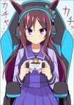  1girl animal_ears bow brown_hair chair closed_mouth commentary_request controller ear_bow gaming_chair hair_ornament hairclip headset highres holding holding_controller horse_ears horse_girl long_hair looking_at_viewer mejiro_dober_(umamusume) playing_games pleated_skirt purple_eyes purple_serafuku purple_shirt purple_skirt sailor_collar school_uniform serafuku shirt sitting skirt solo swivel_chair tracen_school_uniform umamusume wahiko_(black_bastard) white_bow 