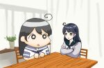  1girl ahoge black_hair blue_sailor_collar brown_eyes cardigan chair character_doll doqute_stuffed_doll hiya_gohan kantai_collection meme official_alternate_costume purple_cardigan sailor_collar school_uniform serafuku sitting solo table umamusume upper_body ushio_(kancolle) 