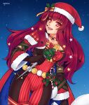  1girl blue_cape bodysuit brown_gloves cape christmas facial_mark fire_emblem fire_emblem_engage fire_emblem_heroes gloves hair_ornament hat highres holding holly_hair_ornament ice_pick long_hair long_sleeves looking_at_viewer multicolored_cape multicolored_clothes official_alternate_costume open_mouth red_bodysuit red_cape red_eyes red_hair santa_hat solo star_(sky) star_(symbol) star_hair_ornament star_print symoca yunaka_(fire_emblem) yunaka_(fire_emblem)_(spirited_envoy) 