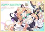  1girl ahoge animal_ear_fluff animal_ears aqua_hair black_corset blonde_hair blue_eyes blue_nails blush cat_ears cat_tail corset famillie_(millie_parfait) happy_birthday highres long_hair low_twintails lucie_(millie_parfait) miaochan_zzz millie_parfait millie_parfait_(2nd_costume) multicolored_hair nijisanji nijisanji_en open_mouth smile solo streaked_hair swept_bangs tail twintails very_long_hair virtual_youtuber wide_sleeves 