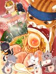  :d apron artist_name black_cat blue_headband brown_eyes cat cleaning dumpling egg_(food) elbow_gloves food gloves headband highres jiaozi mask noodles pjkuasu ramen red_cat_ramen seaweed smile sponge tiger tray veil white_cat 