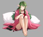  1girl alternate_costume alternate_hairstyle barefoot cellphone closed_mouth controller feet fire_emblem fire_emblem_awakening green_hair grey_background hair_down highres knees_up long_hair loungewear nail_polish parted_lips phone pillow pointy_ears red_nails remote_control sakuremi sleep_bubble sleeping smartphone solo tiara tiki_(adult)_(fire_emblem) tiki_(fire_emblem) toenail_polish toenails toes 