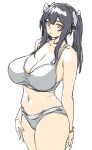  1girl arm_behind_back black_hair bra breasts cleavage closed_mouth collarbone commentary_request elf grey_bra grey_panties hair_ornament highres houtengeki large_breasts long_hair looking_at_viewer navel original panties pointy_ears sidelocks simple_background solo thighs twintails underwear white_background yellow_eyes 