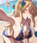  2girls alternate_costume armpits artoria_pendragon_(fate) artoria_pendragon_(lancer)_(fate) artoria_pendragon_(lancer_alter)_(fate) ball bare_arms bare_shoulders beach beachball bikini black_one-piece_swimsuit blonde_hair blue_bikini blush breasts cleavage collarbone commentary_request earrings eyewear_on_head fate/grand_order fate_(series) flower green_eyes hair_flower hair_ornament jewelry large_breasts long_hair looking_at_viewer mouth_hold multiple_girls neshia_(tsaqif0309) one-piece_swimsuit outdoors ponytail solo_focus sunglasses swimsuit thigh_strap thighs water 
