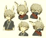  1boy :d ahoge animal_ears closed_mouth commentary_request covered_mouth cropped_torso dot_nose grey_hair jitome male_focus maniani mask mouth_mask multiple_views ninja_mask no_sclera open_mouth original rabbit_ears red_scarf scarf short_hair short_sleeves simple_background smile smug yasuke_(maniani) 