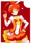  ahoge bike_shorts border choker collarbone cure_sunny detached_sleeves fire flame gradient_hair hair_bun hand_on_hip head_tilt hino_akane_(smile_precure!) kannagi_kaname multicolored_hair one_eye_closed orange_(color) orange_choker orange_hair orange_skirt precure purple_hair red_hair red_shorts shorts skirt smile_precure! solo tiara 