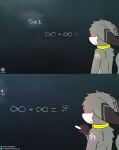 2023 absurd_res anthro blush chalk chalkboard collar ears_down english_text fur grey_body grey_fur hi_res holding_object humor iradeon looking_at_object looking_away male math pivoted_ears sean_(senz) senz solo standing text url