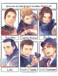  6+boys absurdres ant-man ant-man_(movie) avengers_(series) black_bodysuit black_choker black_hair black_headwear black_jacket black_shirt blonde_hair blue_bodysuit blue_eyes bodysuit brown_eyes brown_hair brown_necktie cable cape captain_america captain_america:_the_winter_soldier captain_america_(series) character_name character_request choker closed_mouth collared_jacket collared_shirt commentary_request copyright_request crossover english_text fang fingernails green_cape green_eyes gun hand_up hands_up hat hat_ornament highres holding holding_gun holding_shield holding_weapon jacket james_buchanan_barnes jojo_no_kimyou_na_bouken light_brown_hair loki_(marvel) long_sleeves looking_at_viewer looking_to_the_side male_focus marvel marvel_cinematic_universe medium_hair meme multiple_boys multiple_drawing_challenge necktie one_eye_closed open_mouth prosthesis prosthetic_arm red_bodysuit robert_e._o._speedwagon roku0180 scar scar_on_face scott_lang shield shirt short_hair simple_background six_fanarts_challenge smile star_(symbol) steve_rogers striped superhero t-shirt teeth tesseract tongue upper_body v-shaped_eyebrows weapon white_background white_shirt winter_soldier wristband 
