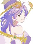  1girl artist_request bare_shoulders brown_eyes celine_jules choker closed_mouth earrings elbow_gloves facial_mark forehead_mark gloves grey_background hat highres jewelry long_hair looking_at_viewer pointy_hat purple_hair simple_background smile solo star_ocean star_ocean_the_second_story white_background 