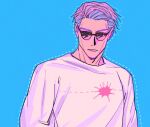  1boy blue_background commentary dotted_line english_commentary frown jujutsu_kaisen long_sleeves looking_at_viewer male_focus mineco000 nanami_kento pink_theme shirt short_hair solo sunglasses upper_body white_shirt 