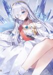  1girl absurdres anastasia_(fate) asymmetrical_bangs black_choker blue_eyes blush breasts cape choker cleavage cleavage_cutout clothing_cutout commentary dress embarrassed fate/grand_order fate_(series) grey_hair hair_over_one_eye hairband highres ice jewelry lace lace_choker large_breasts long_dress long_hair misaki346 open_mouth pendant solo strapless strapless_dress very_long_hair white_cape white_dress 