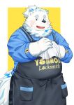 absurd_res anthro apron bandage bandage_on_face belly blush canid canine canis clothing domestic_dog fur hi_res lifewonders live_a_hero locksmith male mammal nordic_sled_dog overweight overweight_male ruoain samoyed solo spitz white_body white_fur yohack