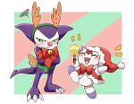 angry anthro bandai_namco bell blush bow_ribbon calumon christmas christmas_clothing claws clothing digimon digimon_(species) duo embarrassed green_eyes holidays impmon male purple_body spade_tail tail thatsquirrelly toe_claws