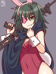  1girl alternate_costume animal_ears artist_logo bad_link breasts cape cowboy_shot eyepatch green_cape green_eyes grey_background grin gun heart heart_eyepatch kanon_(kurogane_knights) kantai_collection kiso_(kancolle) leotard looking_at_viewer medium_hair one-hour_drawing_challenge playboy_bunny rabbit_ears rabbit_tail red_leotard rifle simple_background small_breasts smile solo strapless strapless_leotard tail weapon wrist_cuffs 