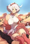  1boy 1girl ahoge bare_shoulders blue_eyes blush breasts clothes_lift collar covered_nipples elphelt_valentine erection female_pubic_hair gloves guilty_gear guilty_gear_strive hetero highres jacket large_breasts leather leather_jacket lifted_by_self no_panties penis precum pubic_hair pussy short_hair skirt skirt_lift smile solo_focus spiked_collar spikes squeezable_(squeezabledraws) thigh_sex thighs uncensored white_hair 