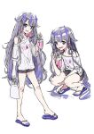  1girl absurdres bag bendy_straw black_shorts clothes_writing collarbone drinking_straw flip-flops full_body grey_hair grin highres holding holding_bag hololive hololive_english koseki_bijou long_hair looking_at_viewer multiple_views nakatokung off_shoulder plastic_bag purple_eyes purple_footwear purple_hair sandals shirt short_shorts short_sleeves shorts simple_background slippers smile squatting standing standing_on_one_leg very_long_hair virtual_youtuber white_background white_shirt wide_sleeves 