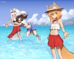  &gt;_&lt; 3girls :d alternate_hairstyle animal_ear_fluff animal_ears barefoot beach beckoning bikini bikini_under_clothes black_bikini blonde_hair blue_shorts blue_sky camisole cloud cloudy_sky dated day denim denim_shorts facial_mark flower fox_ears fox_girl fox_tail front-tie_bikini_top front-tie_top glomp hair_between_eyes hair_flower hair_ornament hair_scrunchie halterneck happy hat horizon hug kart_prowler kouenji_(sewayaki_kitsune_no_senko-san) looking_at_viewer midriff multiple_girls navel ocean official_alternate_costume open_mouth outdoors outstretched_arm outstretched_hand pleated_skirt ponytail reaching reaching_towards_viewer red_eyes red_sarong red_skirt ribbon_trim sarong scrunchie senko_(sewayaki_kitsune_no_senko-san) sewayaki_kitsune_no_senko-san shiro_(sewayaki_kitsune_no_senko-san) shirt short_eyebrows short_hair shorts sidelocks signature skirt sky smile straw_hat swimsuit t-shirt tackle tail tail_under_clothes thick_eyebrows tied_shirt wading water whisker_markings white_hair white_shirt wrist_scrunchie xd yellow_eyes 