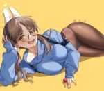  1girl absurdres animal_ear_headphones animal_ears azema black_panties blue_archive blue_sweater blush breasts brown_eyes brown_hair brown_pantyhose collarbone commentary_request dated fake_animal_ears glasses halo head_rest headphones highres large_breasts long_hair long_sleeves looking_at_viewer low_twintails lying moe_(blue_archive) on_side open_mouth panties pantyhose rabbit_ear_headphones round_eyewear saliva simple_background sleeves_past_wrists solo sweater turtleneck turtleneck_sweater twintails underwear yellow_background yellow_halo 