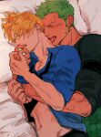  2boys bed bite_mark black_necktie blonde_hair blood blue_shirt closed_eyes clothes_lift colored_skin earrings finger_to_tongue flustered green_hair green_kimono haramaki highres hug hug_from_behind japanese_clothes jewelry kimono kzwtr8 lying male_focus mature_male multiple_boys necktie on_bed on_side one_piece roronoa_zoro sanji_(one_piece) shirt shirt_lift tan teeth tongue tongue_out upper_teeth_only white_skin yaoi 