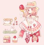  1girl :o apron back_bow ballet_slippers blush_stickers bow brown_hair cake capelet collared_capelet commentary cup eyelashes flower flower_brooch food footwear_bow frilled_bow frilled_capelet frilled_sleeves frills fruit full_body hair_bow head_wreath high_collar highres holding holding_spoon jam jar lace-trimmed_skirt lace_trim leg_ribbon looking_at_viewer medium_hair miniskirt mokarooru neckerchief original oversized_object parted_lips pink_background pink_bow pink_neckerchief pink_sleeves plaid plaid_skirt rabbit red_bow red_eyes red_footwear red_ribbon red_skirt ribbon ribbon-trimmed_apron ribbon-trimmed_bow ribbon-trimmed_capelet ribbon_trim sauce simple_background skirt sleeves_past_elbows solo spoon strawberry strawberry_shortcake symbol-only_commentary teacup two-tone_sleeves vertical-striped_sleeves white_apron white_bow white_flower white_sleeves wrist_bow yellow_bow yellow_capelet 