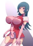  1girl blue_hair blush bracket breasts covered_nipples dress earrings elbow_gloves gloves green_hair highres huge_breasts impossible_clothes impossible_dress jewelry kemurin kotona_elegance long_hair looking_at_viewer open_mouth pink_gloves purple_eyes solo thighhighs zoids zoids_genesis 