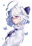  1girl absurdres abyss_of_alyss ahoge ascot blue_ascot blue_eyes brooch bug butterfly commentary_request furina_(genshin_impact) furina_(initial_design)_(genshin_impact) genshin_impact highres jewelry official_alternate_costume shirt short_hair solo upper_body white_hair white_shirt 