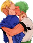  2boys biting blonde_hair blue_shirt clenched_teeth closed_eyes clothes_lift earrings flustered grabbing_another&#039;s_hair green_hair haramaki highres jewelry kzwtr8 male_focus mature_male multiple_boys neck_biting one_piece roronoa_zoro sanji_(one_piece) shirt shirt_lift simple_background tan teeth thick_arms white_background white_shirt yaoi 