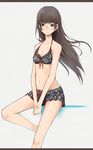  bare_shoulders bikini breasts brown_hair cleavage crossed_legs expressionless floral_print front-tie_top glasses grey_eyes highres letterboxed long_hair looking_at_viewer navel okiru original simple_background sitting small_breasts solo swimsuit v_arms wind 
