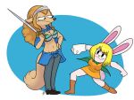 2017 4_fingers anthro big_breasts biped blonde_hair boots bottomwear breasts canid canine canis capelet carrot_(one_piece) cleavage clothed clothed_anthro clothed_female clothing colored cotton_tail cutlass dancing digital_drawing_(artwork) digital_media_(artwork) domestic_dog dress duo eyebrow_through_hair eyebrows female female_anthro fingers fluffy fluffy_tail footwear front_view fur fur_tuft glistening glistening_hair green_capelet hair holding_object holding_sword holding_weapon humor kabula_(artist) lagomorph leporid looking_at_another male mammal marge_krumping melee_weapon midriff minkmen_(one_piece) one_piece open_clothing orange_hair pants rabbit shoes standing sword sword_over_shoulder tail tan_body tan_fur tan_tail topwear translucent translucent_hair tuft wanda_(one_piece) weapon white_body white_fur