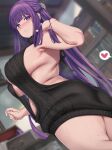  1girl backless_outfit bare_back black_sweater blunt_bangs blush breasts commentary embarrassed fern_(sousou_no_frieren) heart highres large_breasts long_hair looking_at_viewer meme_attire moisture_(chichi) navel plump purple_eyes purple_hair ribbed_sweater sideboob sidelocks sleeveless sleeveless_turtleneck solo sousou_no_frieren spoken_heart straight_hair sweater symbol-only_commentary thighs turtleneck turtleneck_sweater underboob virgin_killer_sweater 