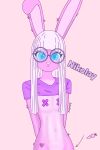 absurd_res anthro belly blue_eyes clothed clothed_sex clothing covered_nipples ears_up eyelashes eyewear fan_character girly glasses hair hi_res lagomorph leporid looking_at_viewer male mammal multicolored_body navel pasties pink_body rabbit renyartz round_glasses sex solo white_hair