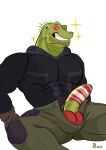 abs absurd_res balls barely_contained big_balls big_penis clothed clothing cock_sock dorohedoro footwear genitals hi_res humanoid kaiman_(dorohedoro) lizard male muscular muscular_male pecs penis penis_clothing raskalaskal reptile scalie socks solo underwear