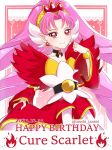  1girl akagi_towa bow character_name choker cure_scarlet dated detached_sleeves earrings go!_princess_precure happy_birthday jewelry long_hair looking_at_viewer magical_girl pink_hair pointy_ears precure quad_tails red_eyes red_sleeves smile solo tanshi_tanshi tiara twitter_username very_long_hair waist_bow 