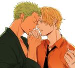  2boys black_eyes black_necktie cigarette closed_eyes colored_skin flustered green_hair green_kimono hand_grab highres holding holding_cigarette japanese_clothes kimono kiss kissing_hand kzwtr8 male_focus mature_male multiple_boys necktie one_piece orange_shirt roronoa_zoro sanji_(one_piece) scar scar_on_chest shirt simple_background tan white_background white_skin yaoi yukata 