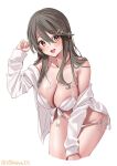  1girl bikini blush breasts brown_eyes collarbone cropped_legs dress_shirt ebifurya grey_hair hair_between_eyes hair_ornament hairclip haruna_(kancolle) highres kantai_collection large_breasts leaning_forward long_hair long_sleeves looking_at_viewer navel one-hour_drawing_challenge open_clothes open_mouth open_shirt shirt side-tie_bikini_bottom sidelocks simple_background smile solo stomach swimsuit thighs twitter_username white_background white_bikini white_shirt 