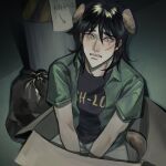  1boy animal_ears black_eyes black_hair black_shirt box cardboard_box commentary_request dog_boy dog_ears dog_tail for_adoption full_body green_shirt grey_pants hair_between_eyes highres itou_kaiji kaiji kemonomimi_mode kneeling korean_text long_bangs long_hair looking_at_viewer male_focus open_clothes open_mouth open_shirt panespaghetti pants sanpaku scar scar_on_cheek scar_on_face shirt short_sleeves sign solo tail the_high-lows translation_request trash_bag undershirt 