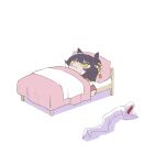  1other absurdres akaya_shiki bandaid bed black_hair blanket blush_stickers character_name doqute_stuffed_doll faceless highres lying mouth_hold narita_brian_(umamusume) ofuda on_side pillow rope shimenawa simple_background stalk_in_mouth talisman umamusume white_background 