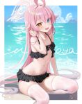  1girl :d absurdres ahoge bikini black_bikini blue_archive blue_eyes blue_sky cloud commentary day fh_moya halo heterochromia highres hoshino_(blue_archive) long_hair looking_at_viewer navel ocean open_mouth pink_hair pink_halo sitting sky smile solo stomach swimsuit thighhighs thighs very_long_hair water white_thighhighs yellow_eyes 