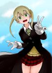  1girl absurdres blonde_hair gloves green_eyes green_necktie highres long_hair long_sleeves looking_at_viewer maka_albarn necktie open_mouth plaid plaid_skirt pleated_skirt skirt smile solo soul_eater striped_necktie twintails v white_gloves 
