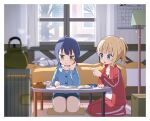  2girls ahoge animal animal_print aqua_eyes bed blanket blonde_hair blue_hair blue_jacket blue_shirt blue_shorts blunt_bangs box buttons calendar_(object) cardboard_box collarbone commentary_request cup curtains cushion day elbow_rest flat_chest food gochuumon_wa_usagi_desu_ka? hand_on_own_cheek hand_on_own_face holding holding_pencil indoors jacket jouga_maya kettle kirima_syaro lamp long_sleeves looking_at_another lying mechanical_pencil mohei multiple_girls notebook on_bed open_clothes open_jacket open_mouth pants partial_commentary pencil pencil_case pillow pointing ponytail print_shirt puckered_lips rabbit rabbit_print red_jacket red_pants red_track_suit saucer scar seiza senbei shirt short_hair shorts sidelocks single_stripe sitting snow socks steam table teacup track_jacket track_pants track_suit white_shirt white_socks wild_geese window yellow_eyes 