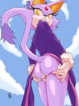 blaze_the_cat bottomless clothed clothing coat domestic_cat felid feline felis female fur gem genitals hand_on_butt humanoid looking_at_viewer low-angle_view mammal nahadon purple_body purple_fur pussy raised_tail sega solo sonic_the_hedgehog_(series) spread_pussy spreading tail topwear yellow_eyes
