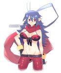  1girl belt bikini bikini_top_only blue_hair bracelet breasts closed_mouth disgaea disgaea_d2 fingerless_gloves genderswap genderswap_(mtf) gloves groin hair_between_eyes jewelry laharl-chan large_breasts long_hair looking_at_viewer navel pointy_ears red_eyes scarf simple_background solo swimsuit very_long_hair white_background 